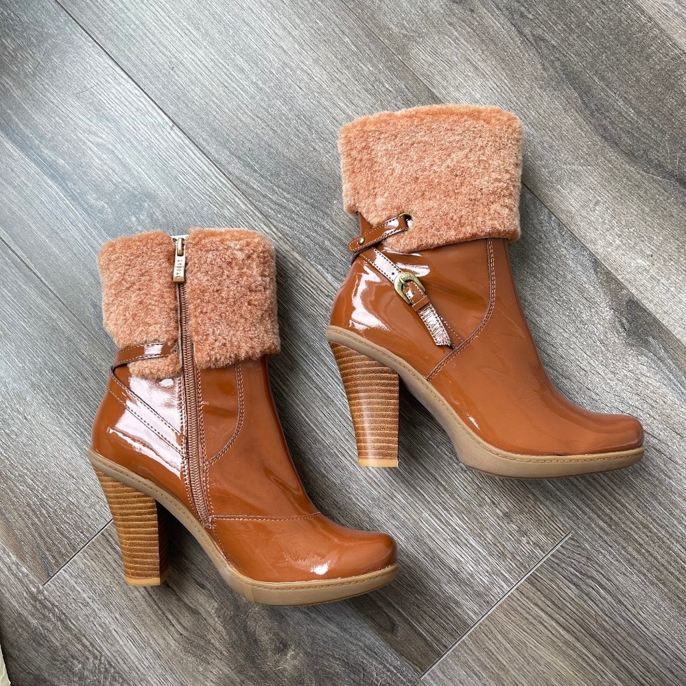 NWOT. ST&SAT Heeled Ankle Boots with Copper Brown Leather & shearling. Size: 6.5